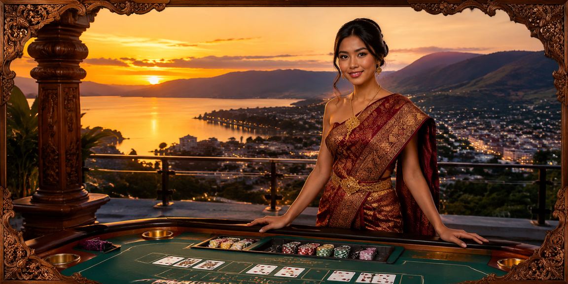 Model perempuan memainkan baccarat di perangkat mobile dengan tampilan antarmuka modern