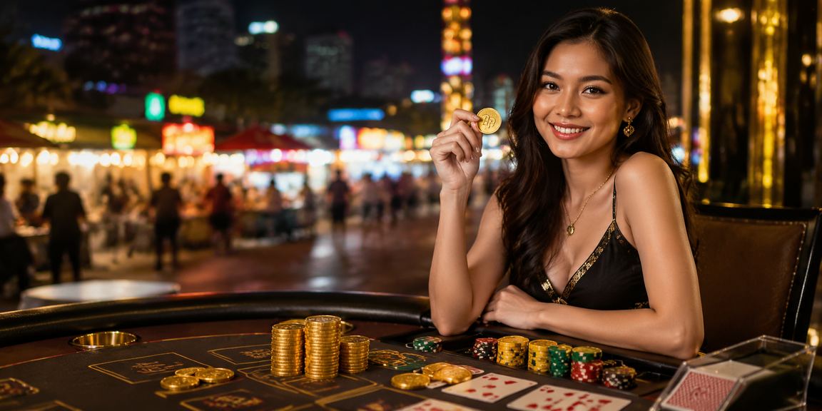 Meja baccarat dengan suasana malam yang elegan dan dealer profesional di live casino