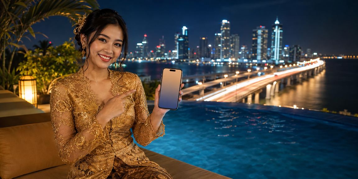 Model memperlihatkan bonus deposit yang tersedia di platform mobile