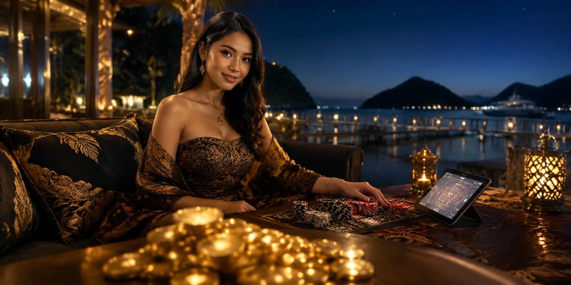 Model menampilkan layar casino online dengan antarmuka modern dan menarik