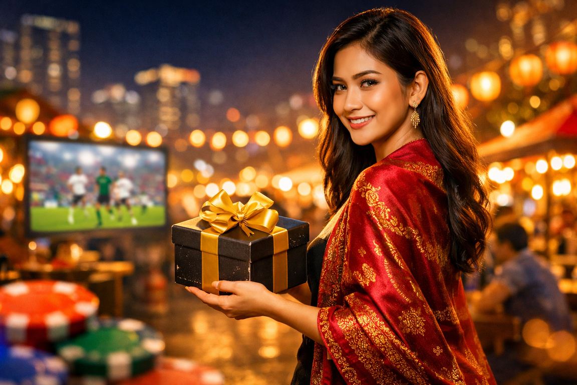 Suasana pasar malam dengan aktivitas taruhan casino digital di ponsel saat malam hari