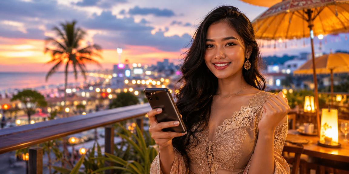 Pengguna mengakses permainan casino di ponsel dalam suasana pasar malam yang hidup