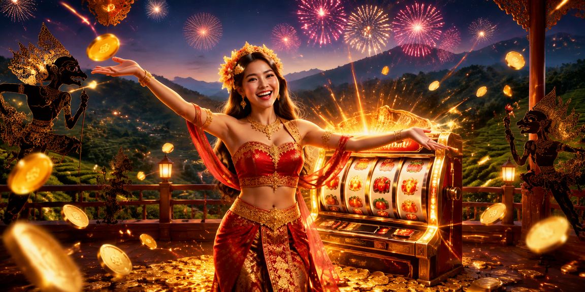 Suasana festival permainan slot casino yang semarak dengan lampu neon dan antusiasme pemain